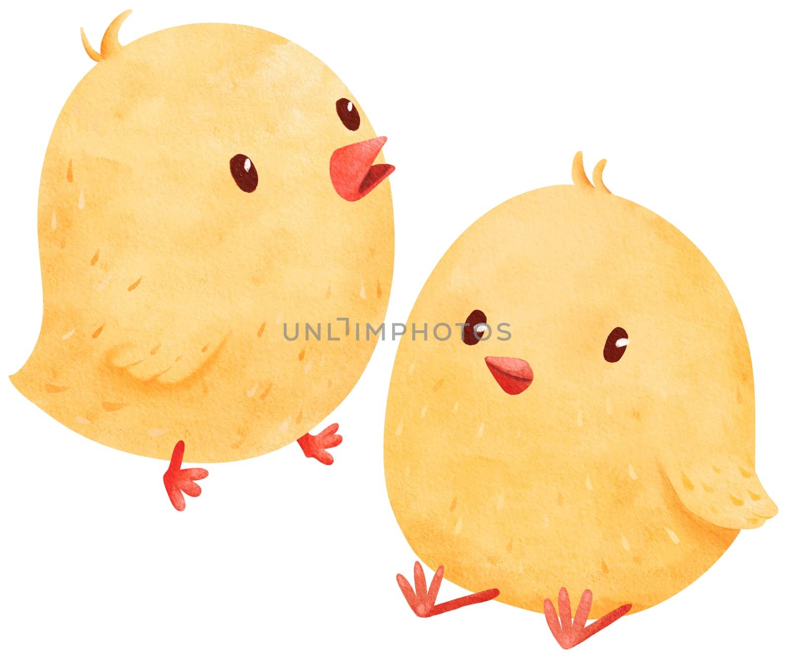 Set of two newborn fluffy chicks. Children's illustration in watercolor, capturing the adorable charm of little chicks. for a sweet and endearing atmosphere, for use in nursery designs, cards.