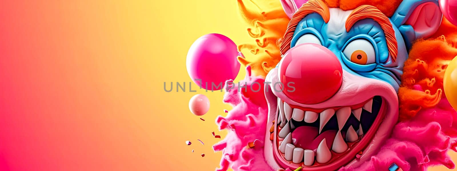 clown-like character with exaggerated facial features, set against a gradient orange and yellow background. copy space
