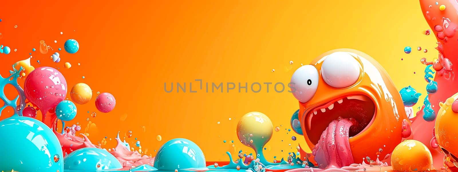 3D illustration of a whimsical, orange creature surrounded by splashes of colorful liquid and floating spheres against a vivid orange to yellow gradient background. by Edophoto