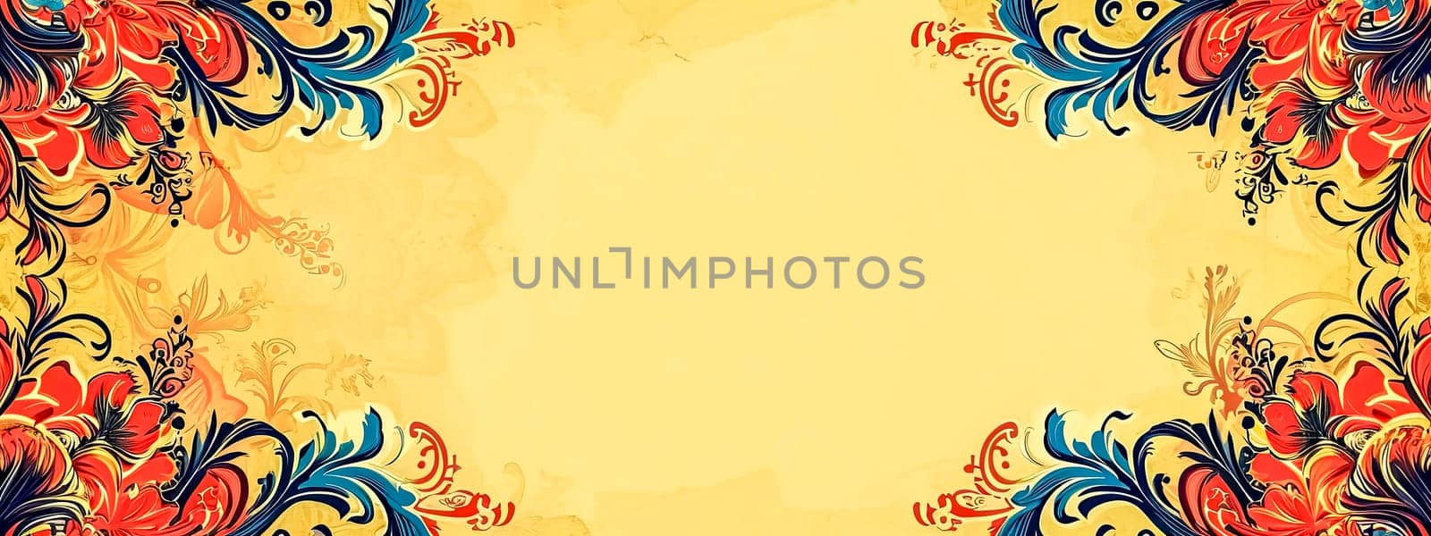 an ornate and decorative border with a vintage feel, featuring intricate swirls and floral designs in rich red and blue hues on a warm, yellowed parchment background. by Edophoto
