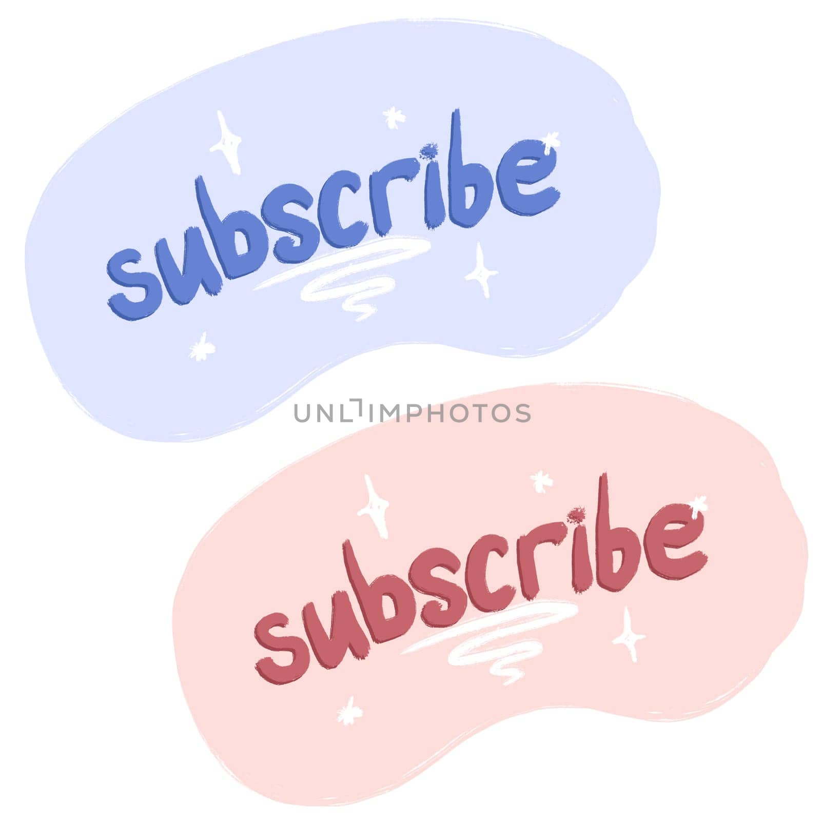 Hand drawn illustration of subscribe button in pink blue on white isolated background. Cute icon for web internet channel newsletter, follower subscriber media element sign symbol