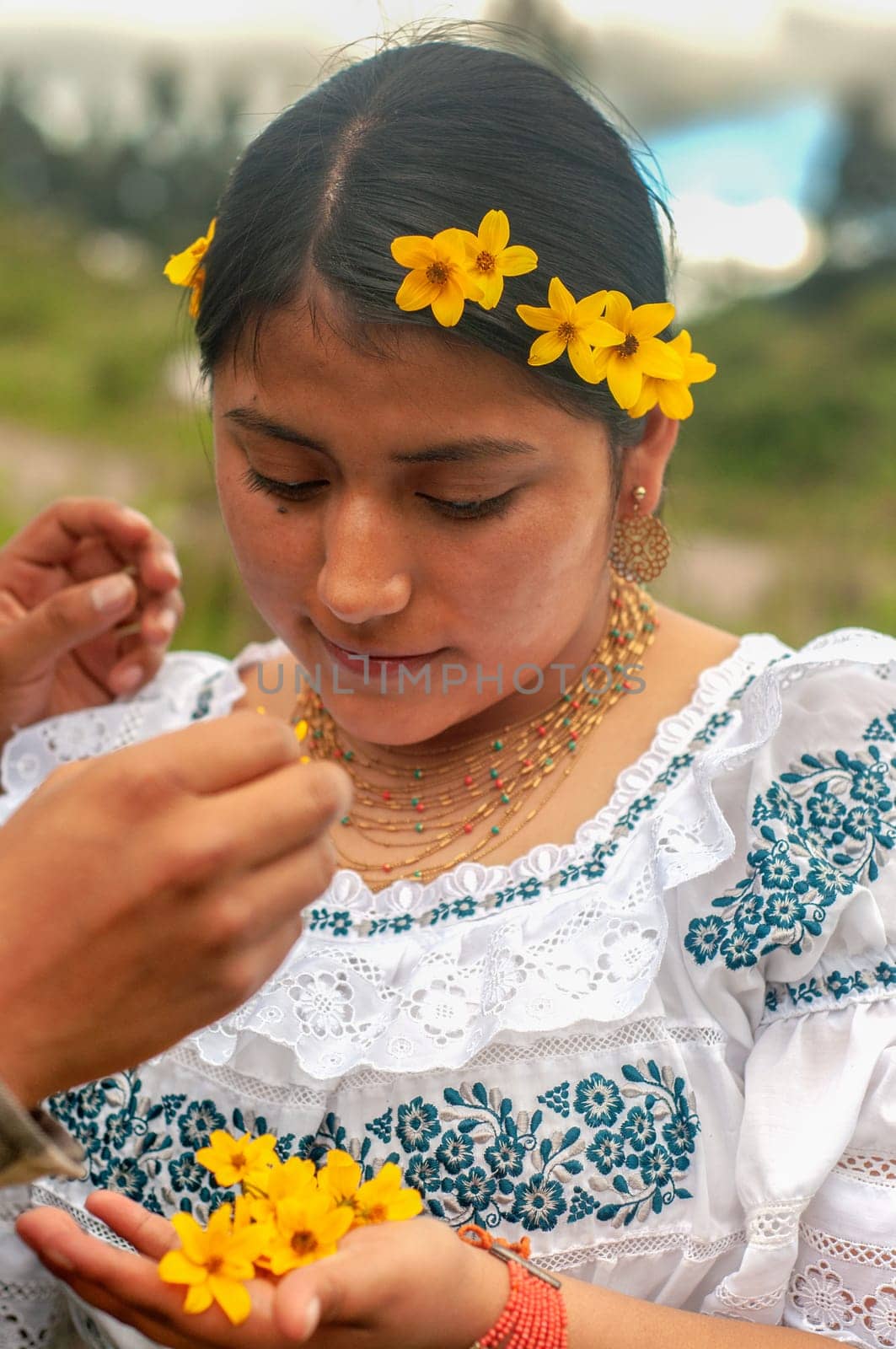 Young Ecuadorian Woman Adorning Herself With Yellow Flowers in the Countryside by Raulmartin