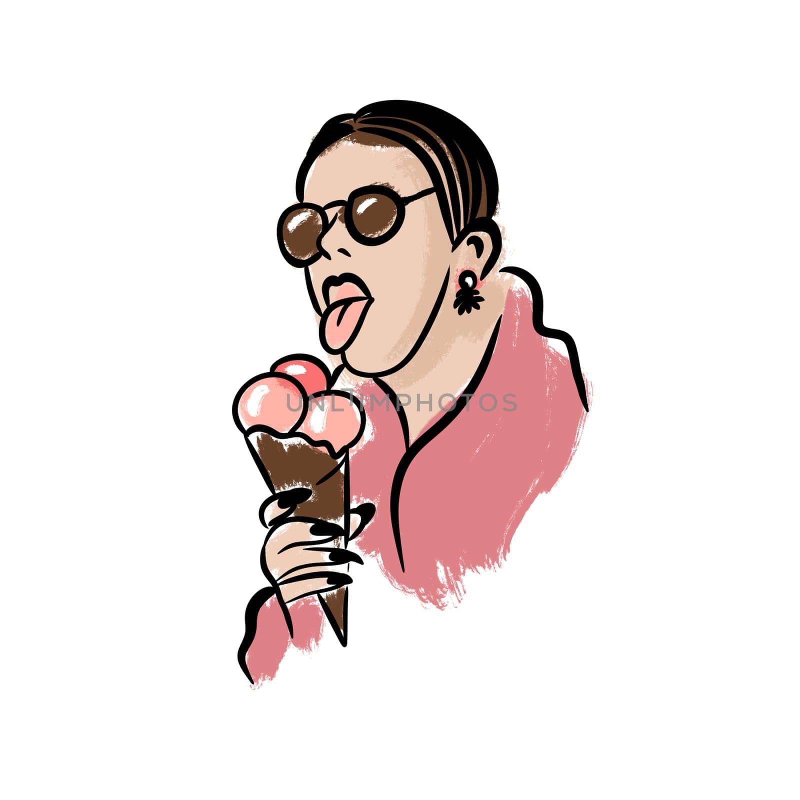 Hand drawn illustration of woman eating ice cream cone. Pink peach apricot colors, black sketch outlines, modern outline art lady in summer sunglasses, fashion icon bold colorful print on white isolated background. by Lagmar