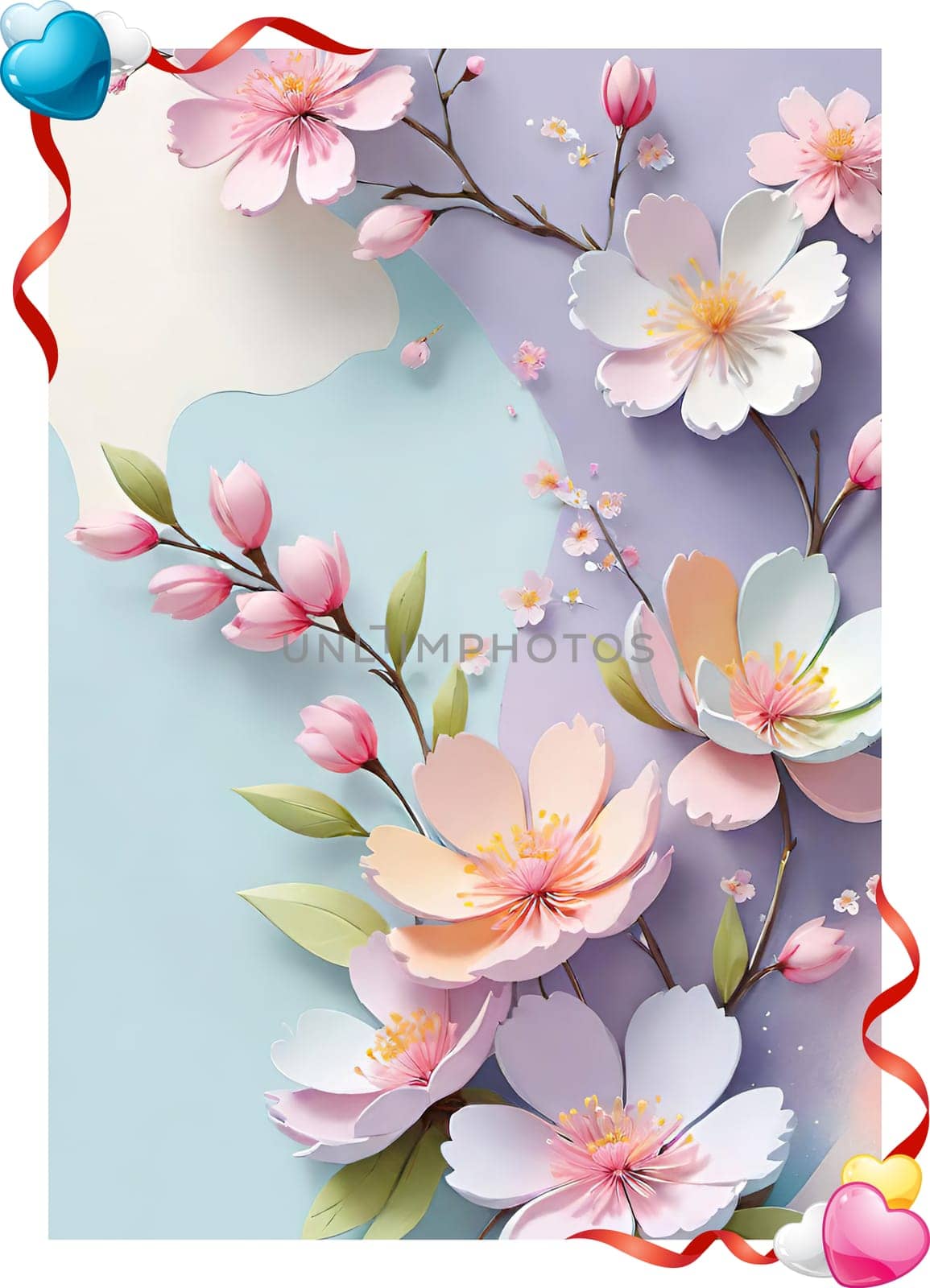 Cherry blossom frame on pastel background with space for text. Sakura.Paper art of Cherry blossom with frame on pastel background.Paper cut style.Spring background with sakura flowers and leaves. Vector paper illustration.3d rendering.Spring flowers frame with copy space for your text. Pastel colors.Minimal style.İnvitation and celebrations.