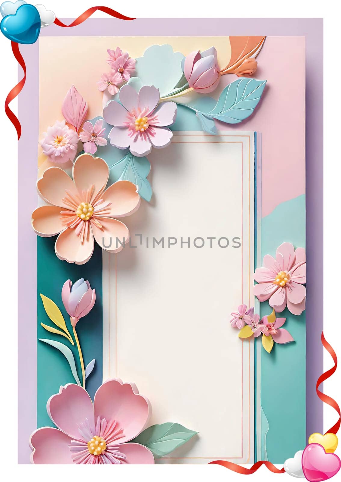 Cherry blossom frame on pastel background with space for text. Sakura.Paper art of Cherry blossom with frame on pastel background.Paper cut style.Spring background with sakura flowers and leaves. Vector paper illustration.3d rendering.Spring flowers frame with copy space for your text. Pastel colors.Minimal style.İnvitation and celebrations.