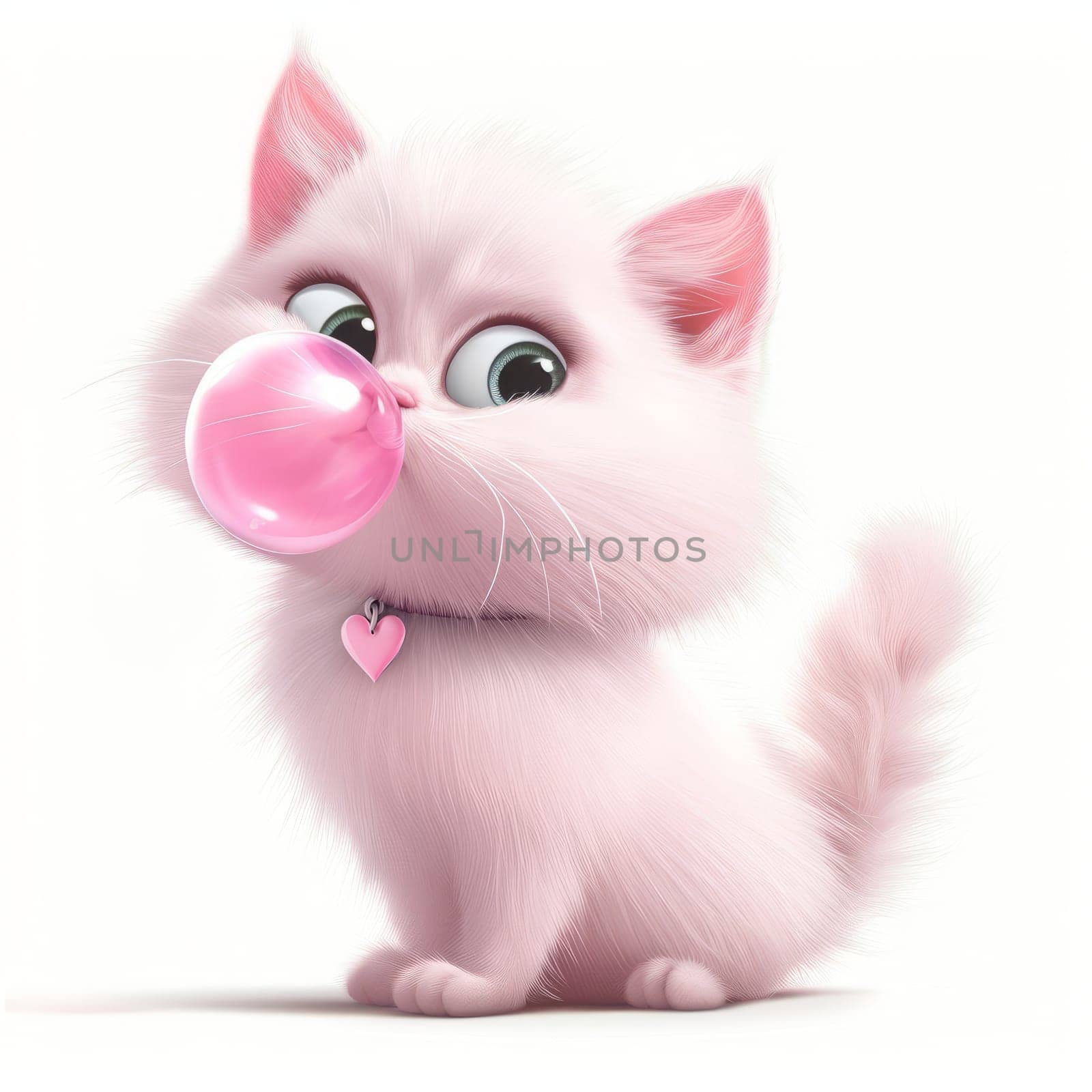 Pink cute cat blowing a pink bubblegum bubble in 3k