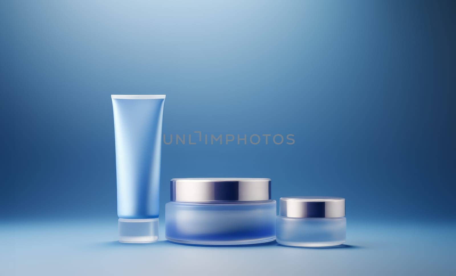 Containers for facial care cosmetics on a soft blue background by studiodav