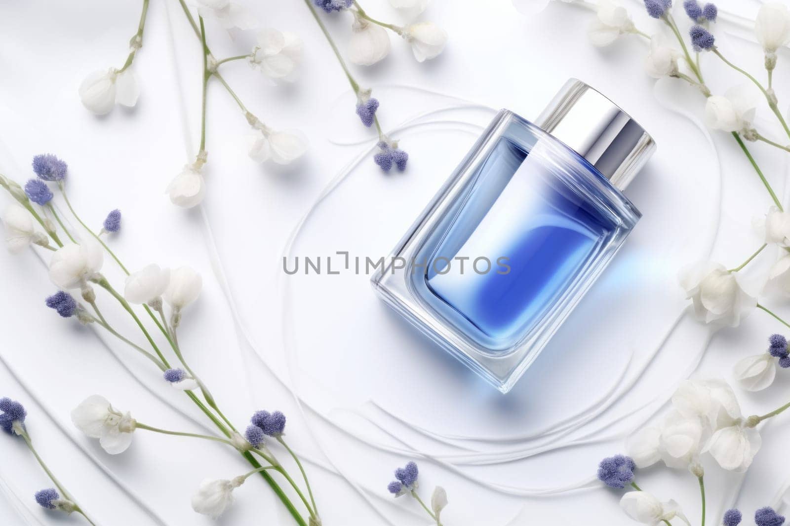 A blue bottle of perfume surrounded by white flowers lies on a white surface in 5k