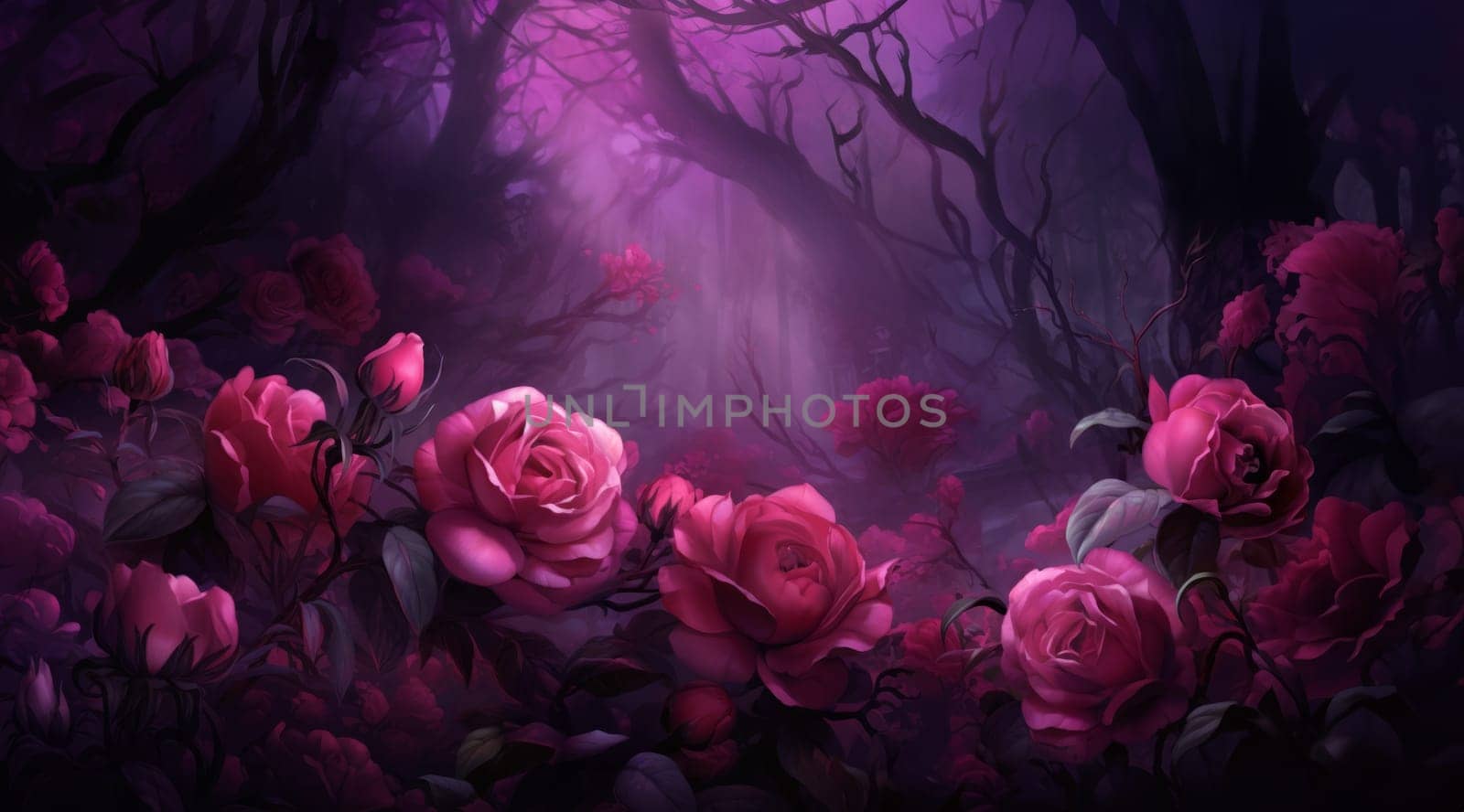pink roses in a mysterious dark forest in 4k