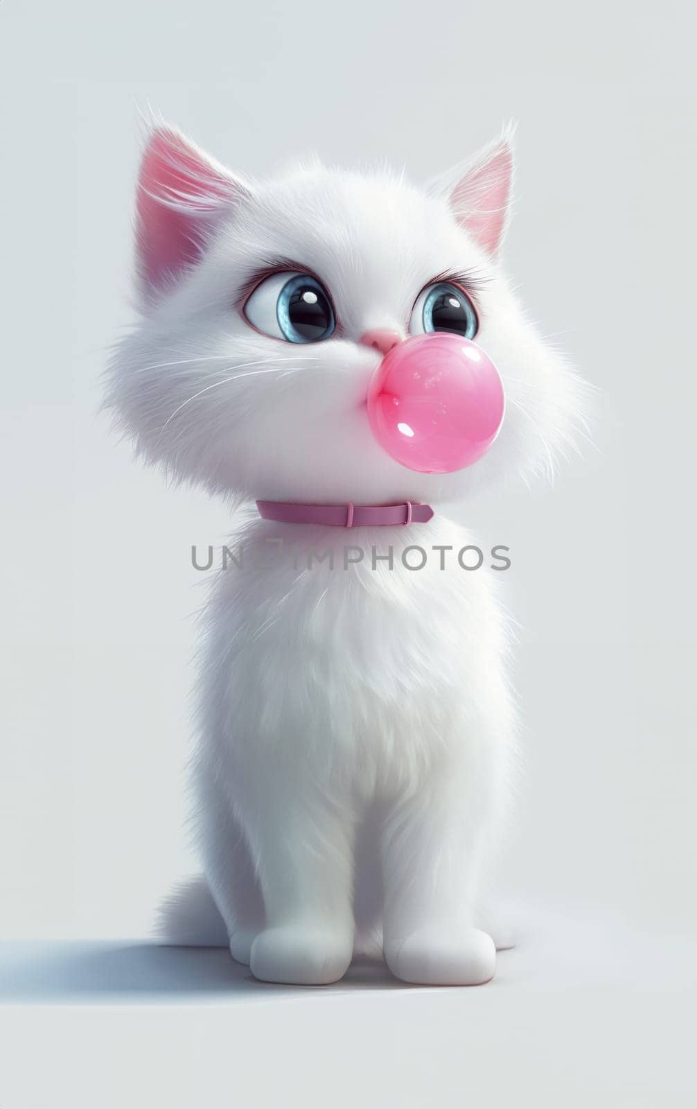 White beautiful cat blows a pink bubble of chewing gum in 4k