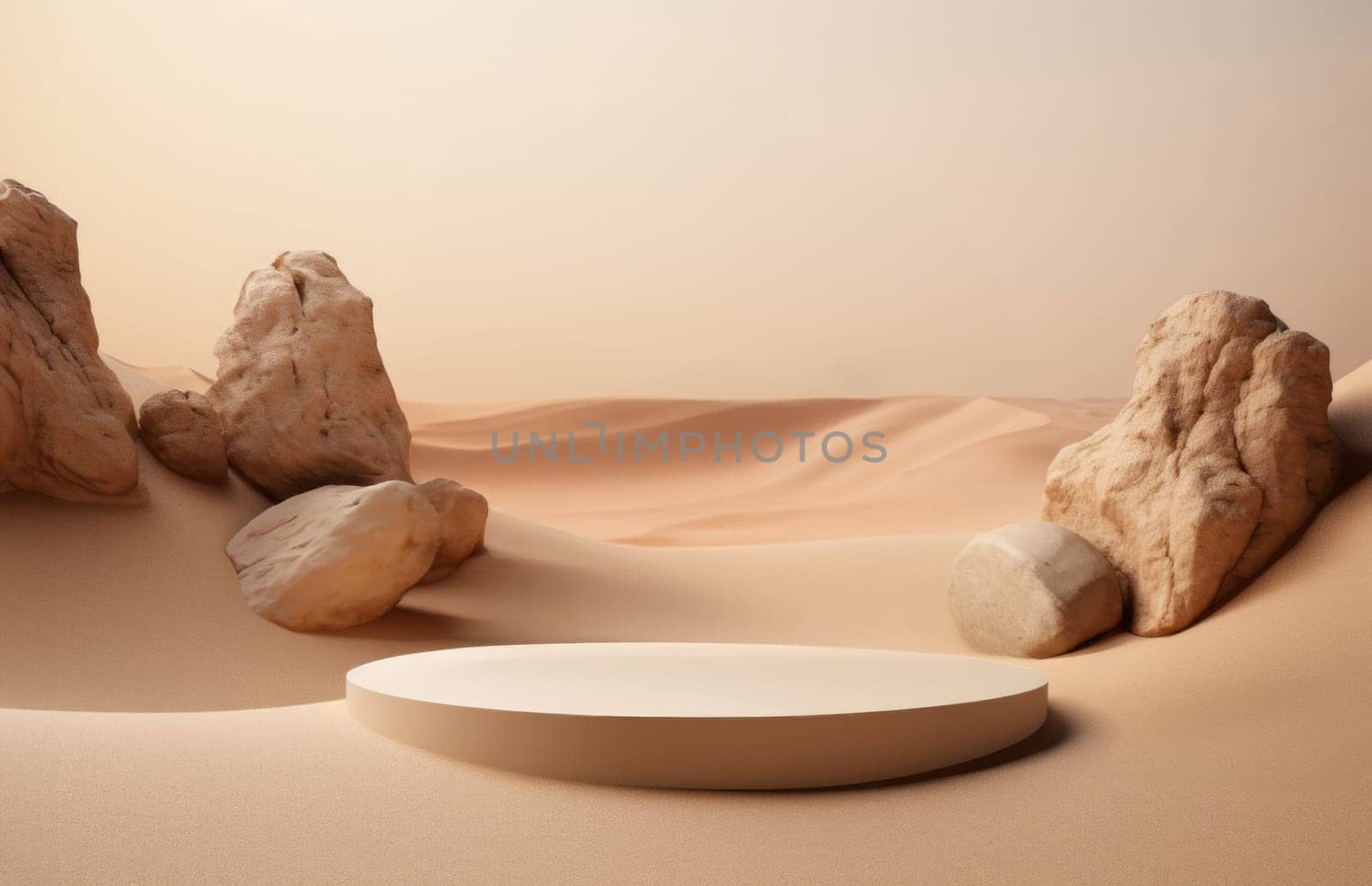 3d of desert with rocks and white board on sand by studiodav