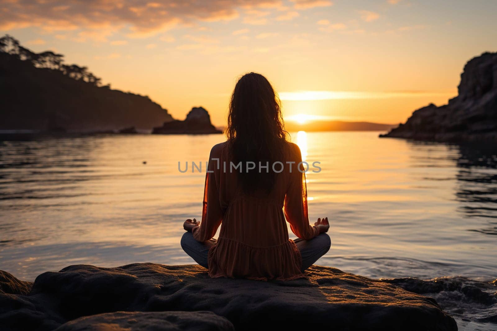 A girl meditates in a pose on the shore of the sea, lake in the rays of the sunset. Generated by artificial intelligence by Vovmar