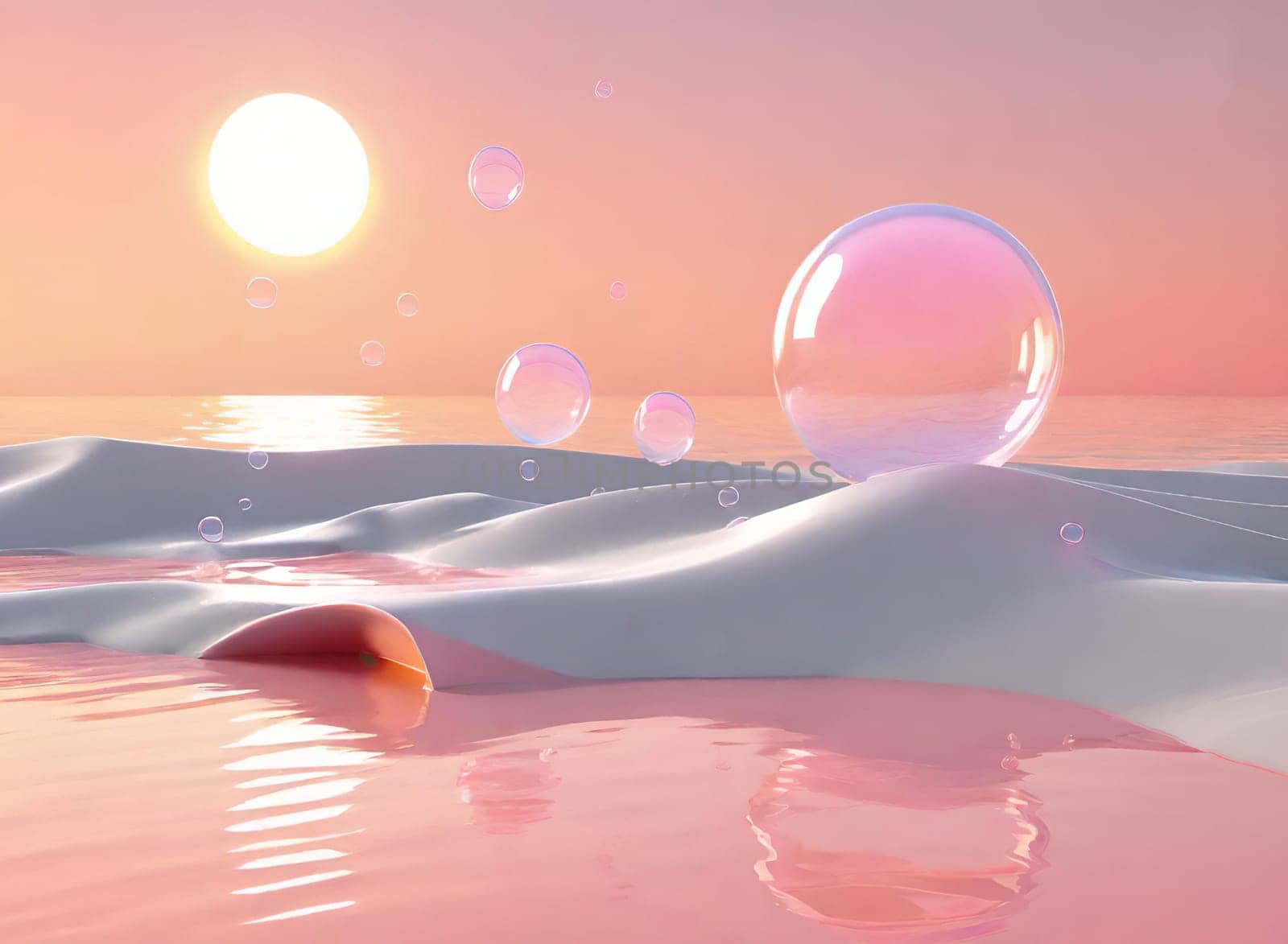 Beautiful 3d illustration of an abstract background with bubbles and waves.abstract scene with waves and bubbles in water. 3d render.Soap bubbles in the sea at sunset.Soap bubbles on the beach at sunset.