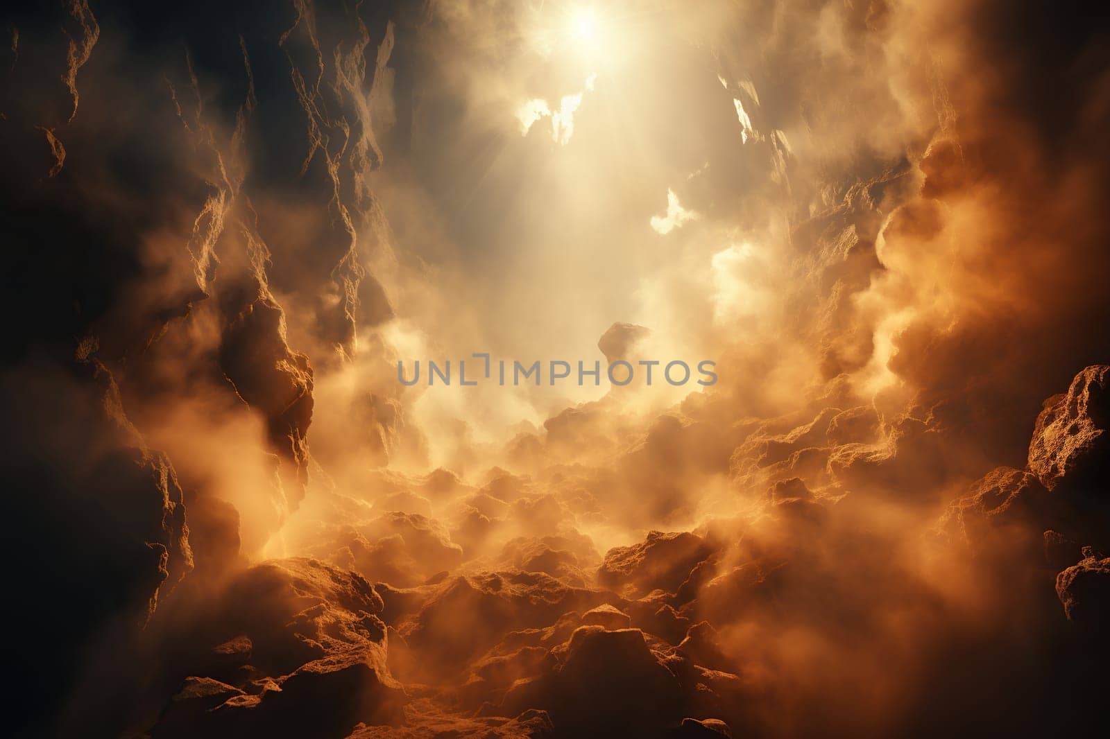 Background with huge clouds of dust, smoke in the rocks in warm light.