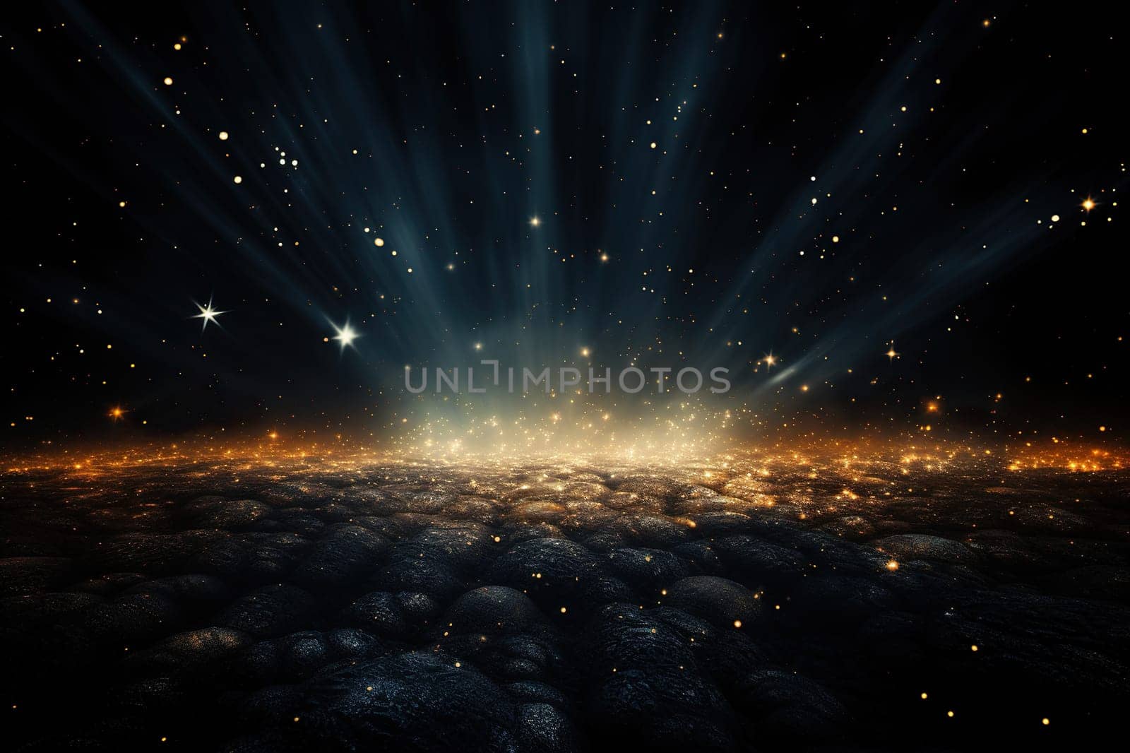 Abstract dark background with sparkles on the sand and golden bokeh in the rays of cold light. Generated by artificial intelligence by Vovmar