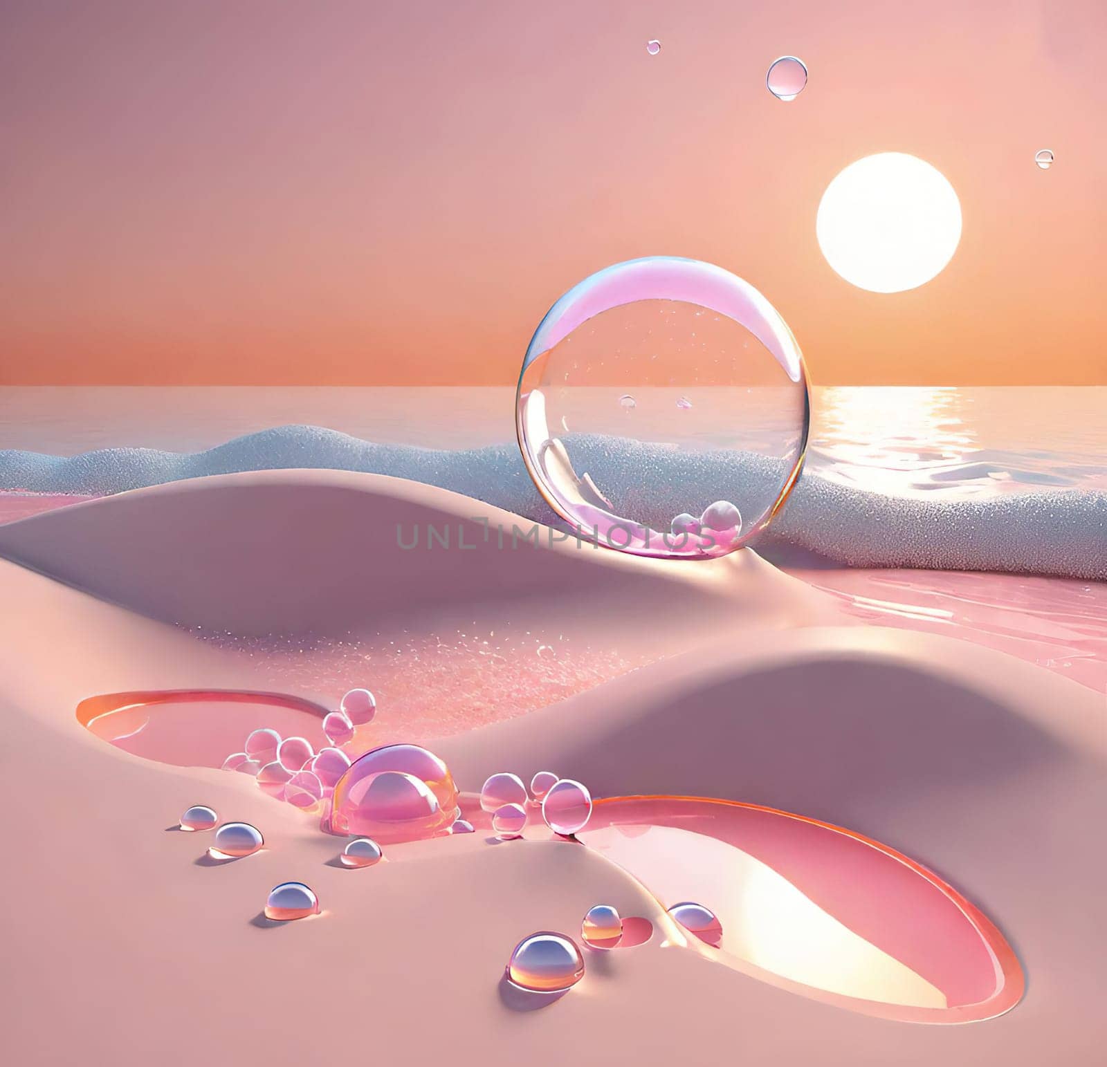 Beautiful 3d illustration of an abstract background with bubbles and waves.abstract scene with waves and bubbles in water. 3d render.Soap bubbles in the sea at sunset.Soap bubbles on the beach at sunset.