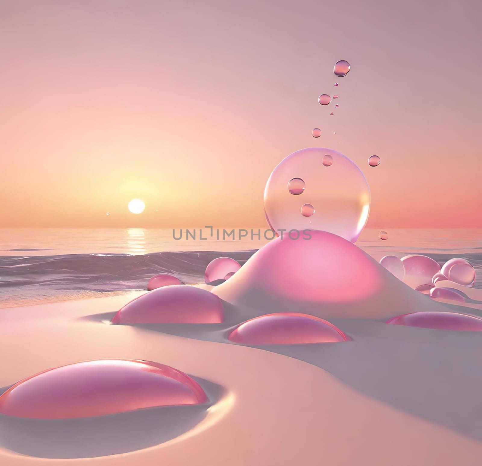 Beautiful 3d illustration of an abstract background with bubbles and waves.abstract scene with waves and bubbles in water. 3d render.Soap bubbles in the sea at sunset.Soap bubbles on the beach at sunset.