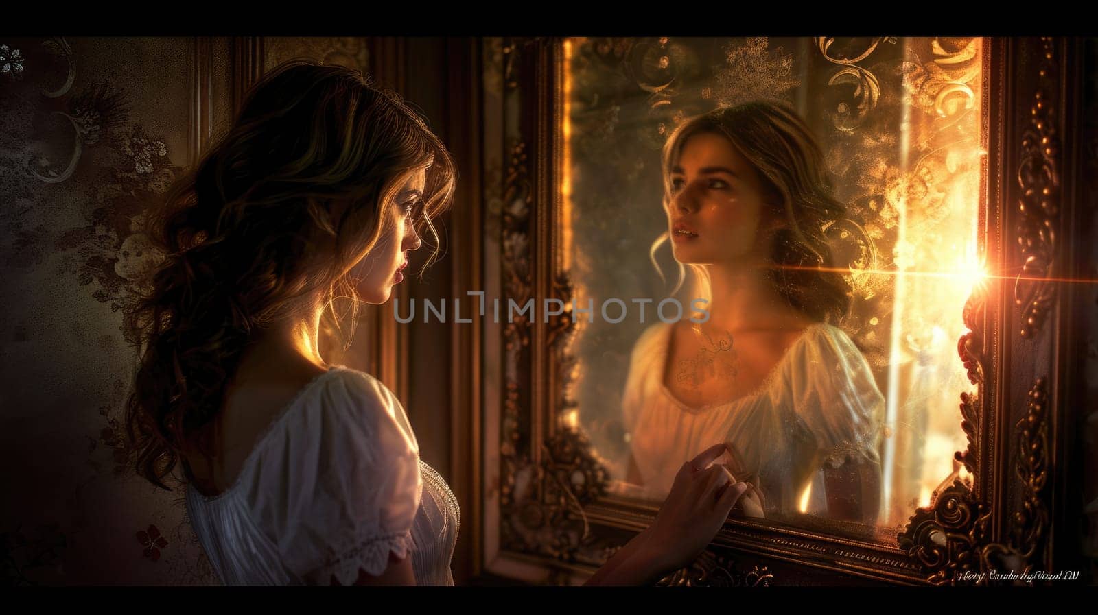 young woman looking herself in mirror pragma by biancoblue