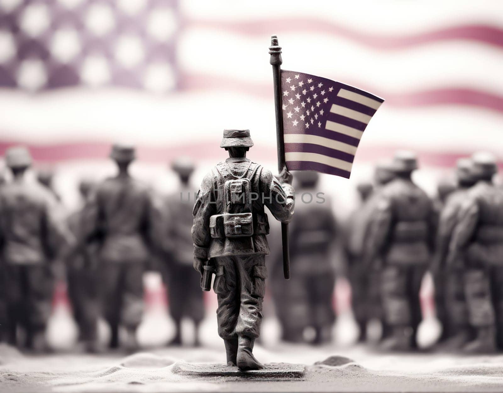 United States Army Soldier Saluting American Flag on Memorial Day, with Patriotic Background Silhouette