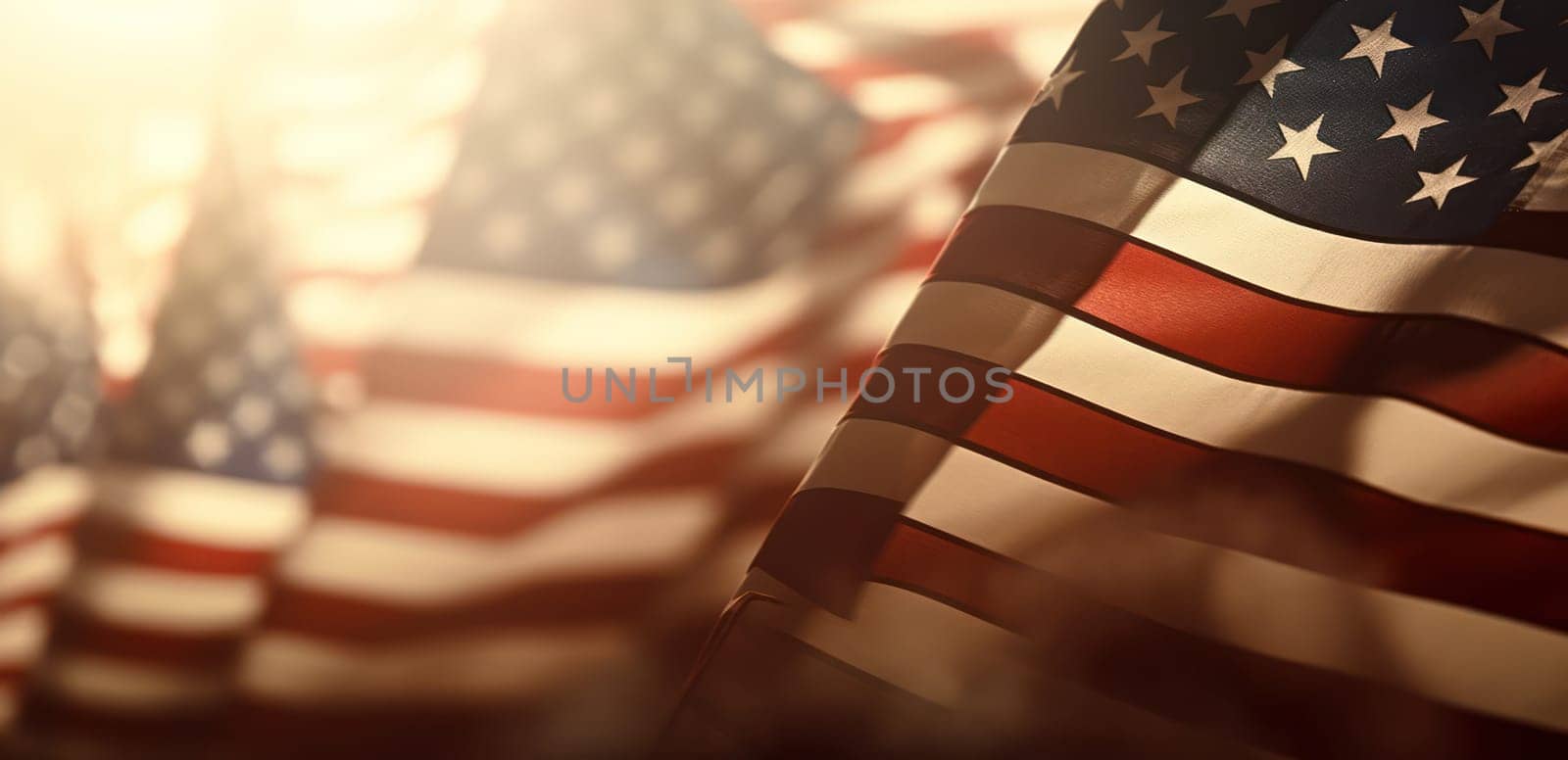 Symbolic Glory: Waving American Flag of Freedom and Patriotism against a Red, White, and Blue Background by Vichizh