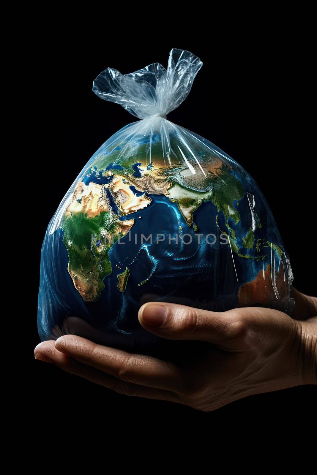 Caring Hand Saving the Earth: Blue Globe Held Firmly With a Green Eco Bag, Symbolizing Responsibility in Protecting the Planet from Pollution and Contamination on Background of Trash and Waste. by Vichizh