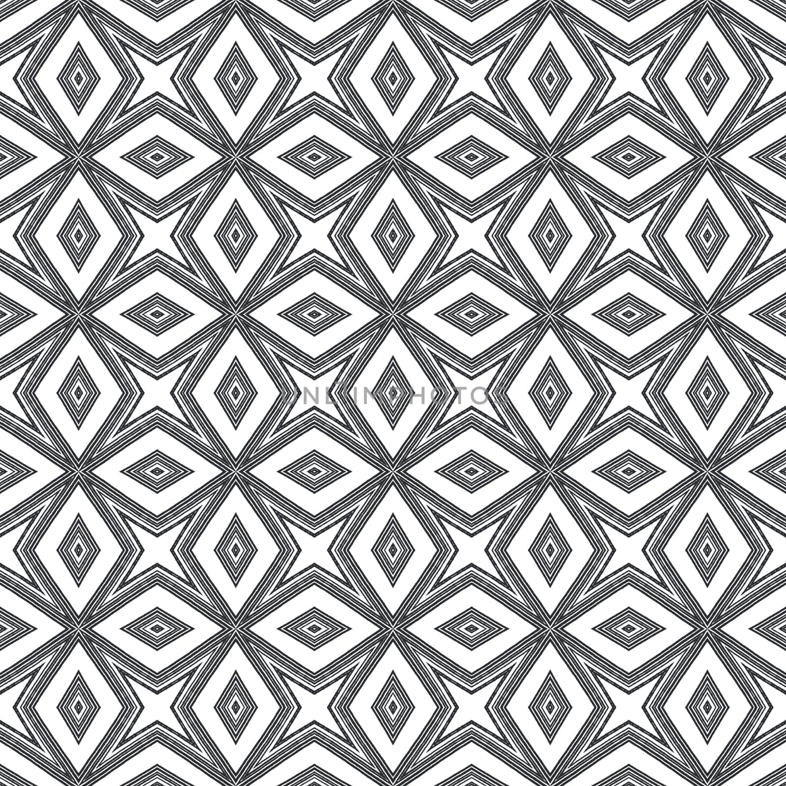 Ikat repeating swimwear design. Black symmetrical kaleidoscope background. Textile ready precious print, swimwear fabric, wallpaper, wrapping. Summer ikat sweamwear pattern.