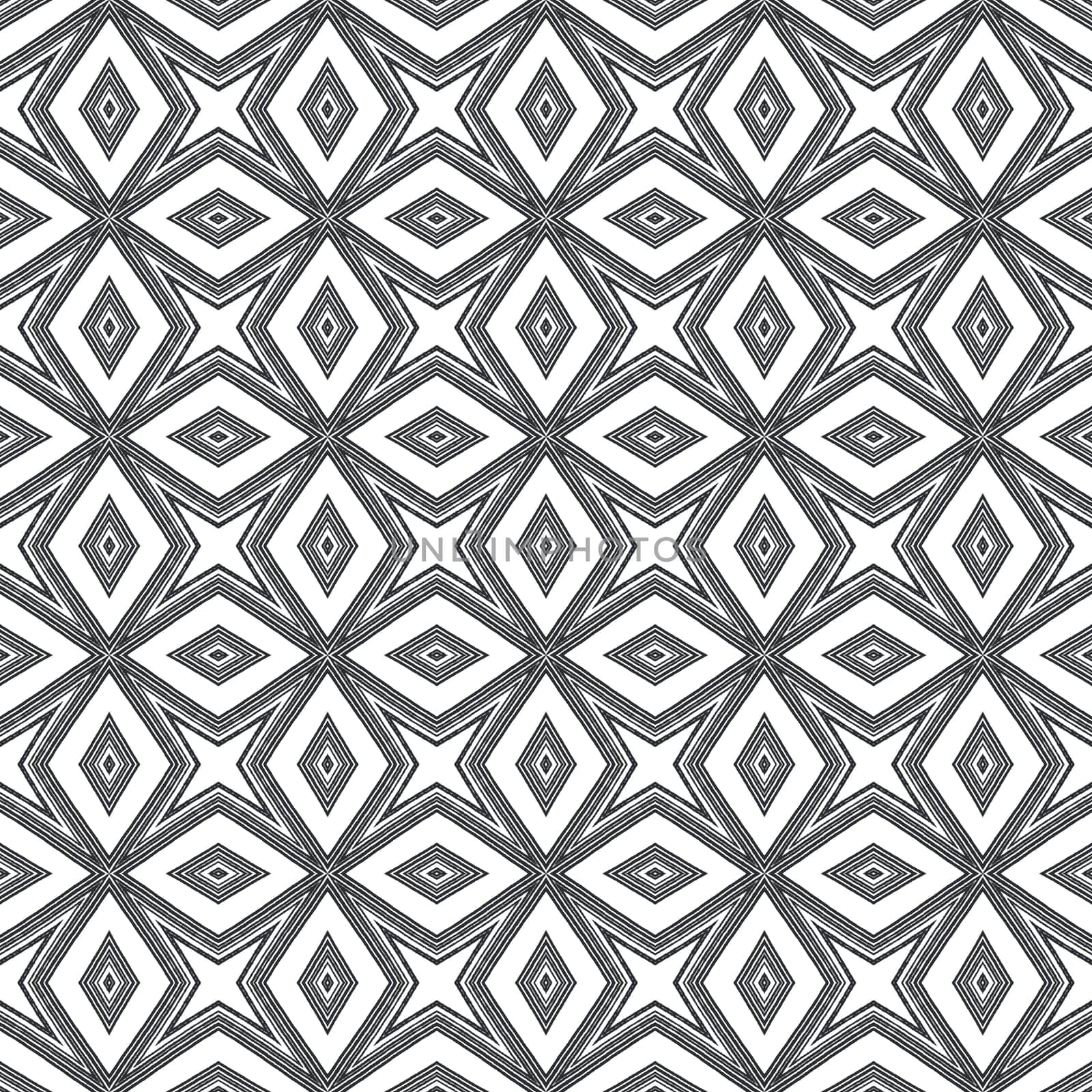 Ikat repeating swimwear design. Black symmetrical kaleidoscope background. Textile ready precious print, swimwear fabric, wallpaper, wrapping. Summer ikat sweamwear pattern.