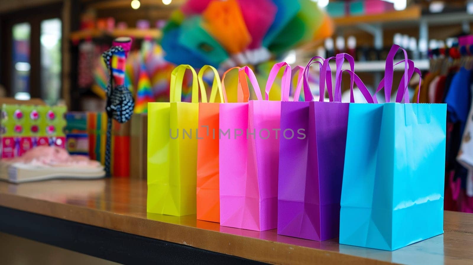 Colored gift paper bags. selective focus. Generative AI,