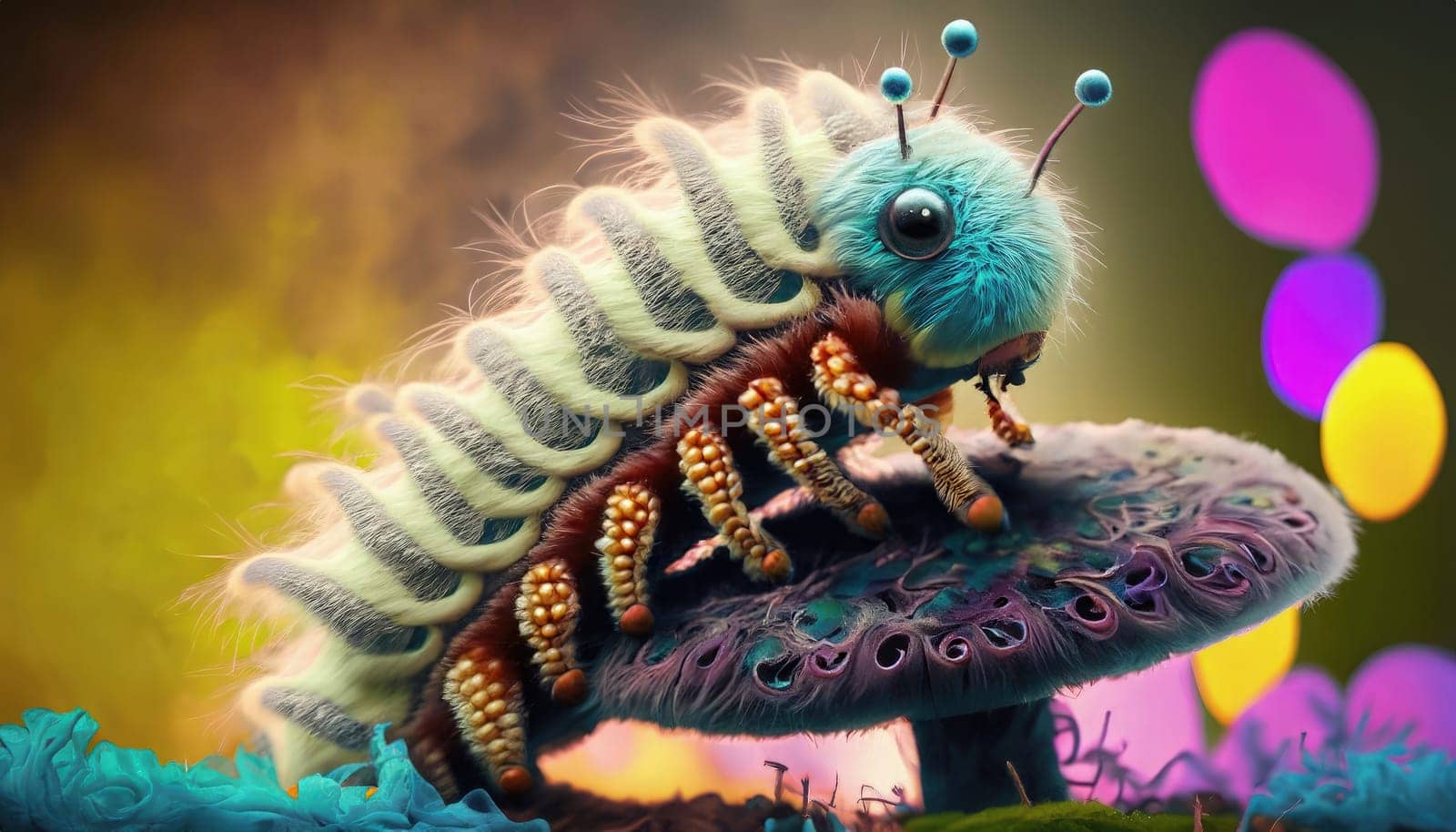 Fantasy caterpillar on a mushroom. 3d render illustration. AI Generated.
