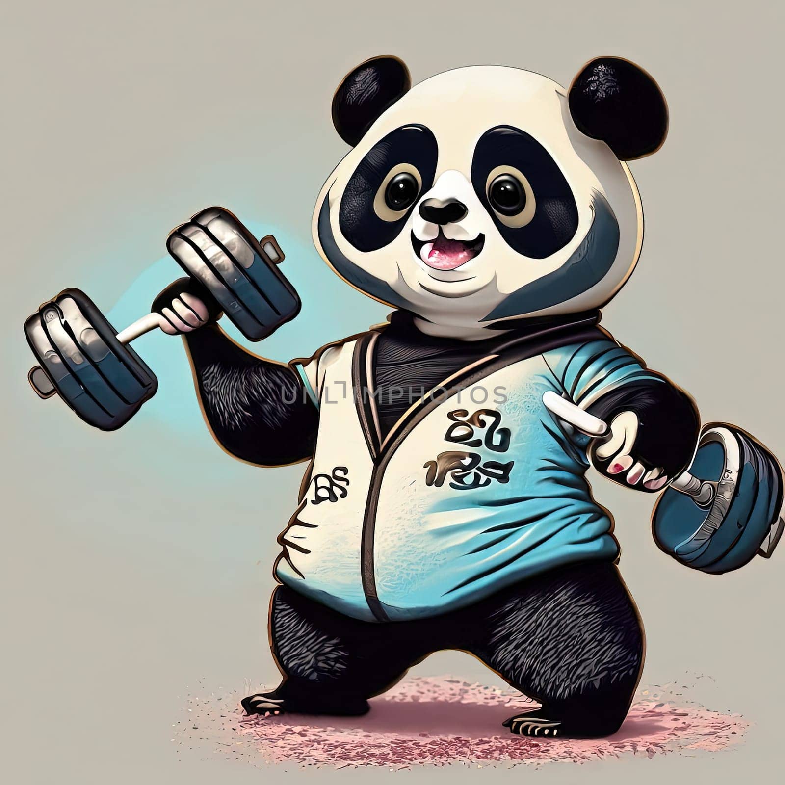 Cute panda in sportswear with dumbbells, illustration. AI Generated.