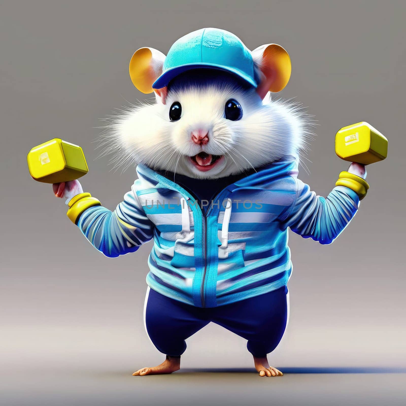 3D illustration of a cute little white rat in a blue sportswear with dumbbells. AI Generated.