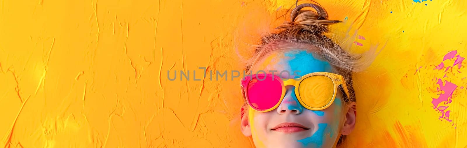 portrait of a person with a playful and creative presentation. The background and the person are awash in a bright yellow hue, with splashes of vivid blue and pink paint adorning the person's face. by Edophoto