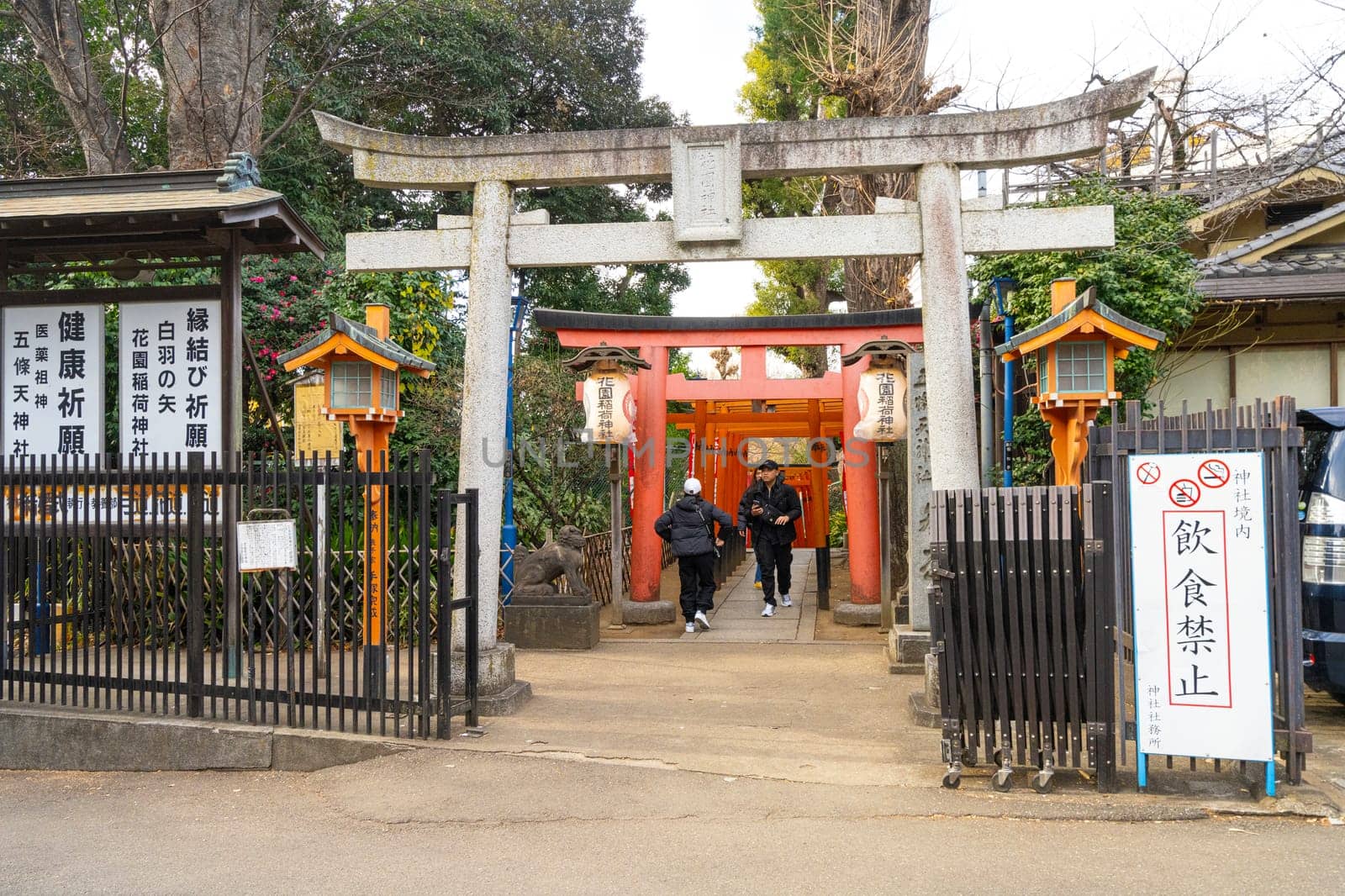 Tokyio, Japan. January 2024.  Exterior view of the Torii gates at the Gojoten Shrine Shinto temple at Ueno Park in the city center