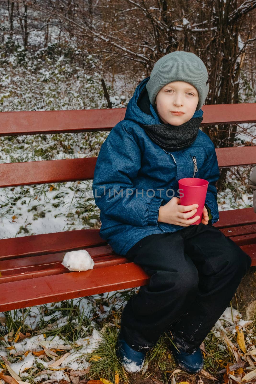 Winter Picnic Delight: 8-Year-Old Boy Savoring Tea on Snowy Bench in Rural Park. Experience the enchantment of winter through the lens of this captivating photo, featuring an 8-year-old boy enjoying a delightful moment on a snow-covered bench in a tranquil rural park. Sipping warm tea from a thermos, he embraces the serene beauty of the snow-laden landscape, creating a charming scene of winter leisure and countryside bliss. This heartwarming image captures the essence of childhood joy, seasonal relaxation, and the simple pleasures of a snowy picnic in nature's embrace during a winter day.