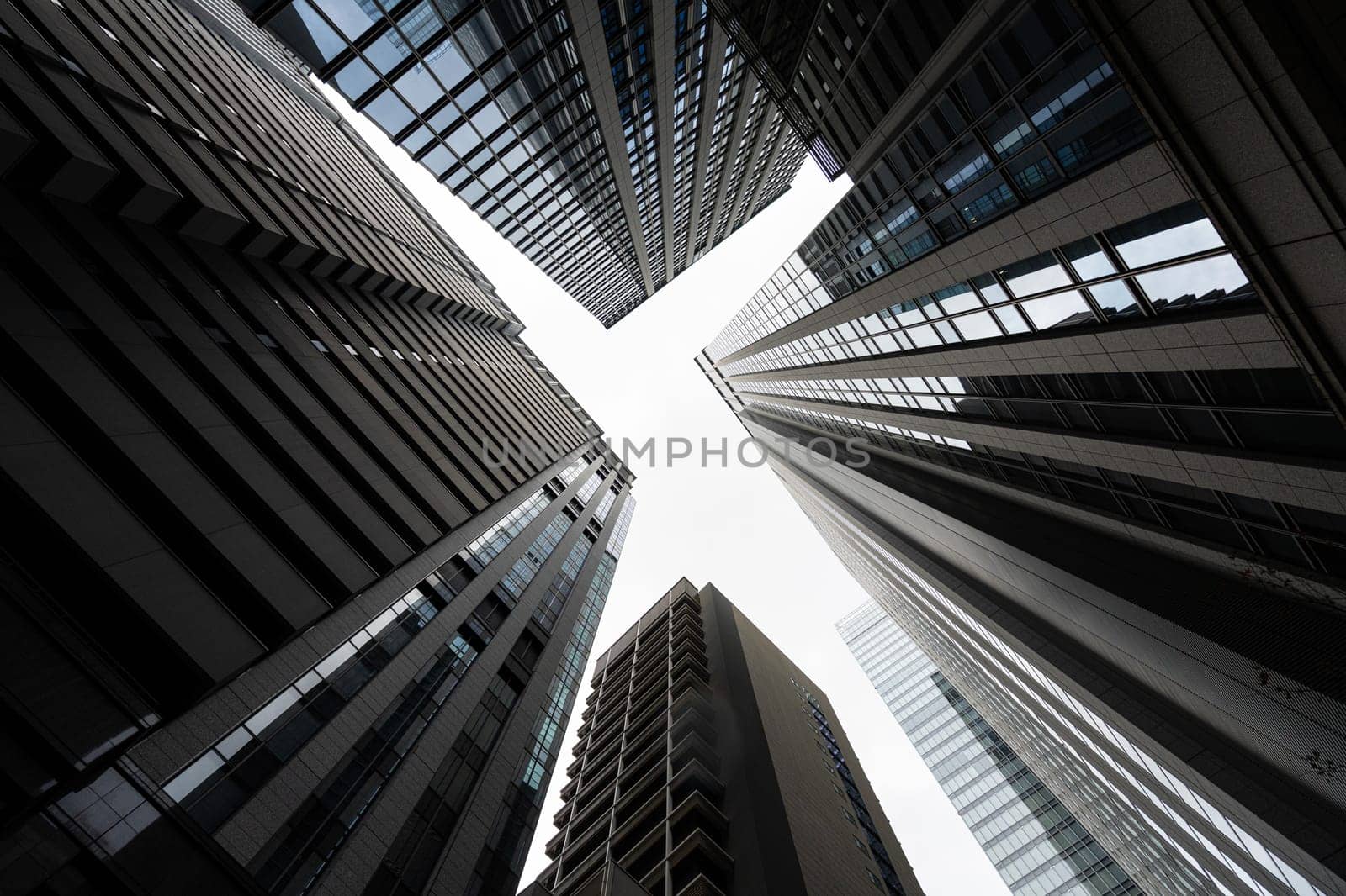 Tokyo, Japan. January 9, 2024. bottom view of skyscrapers in the city center