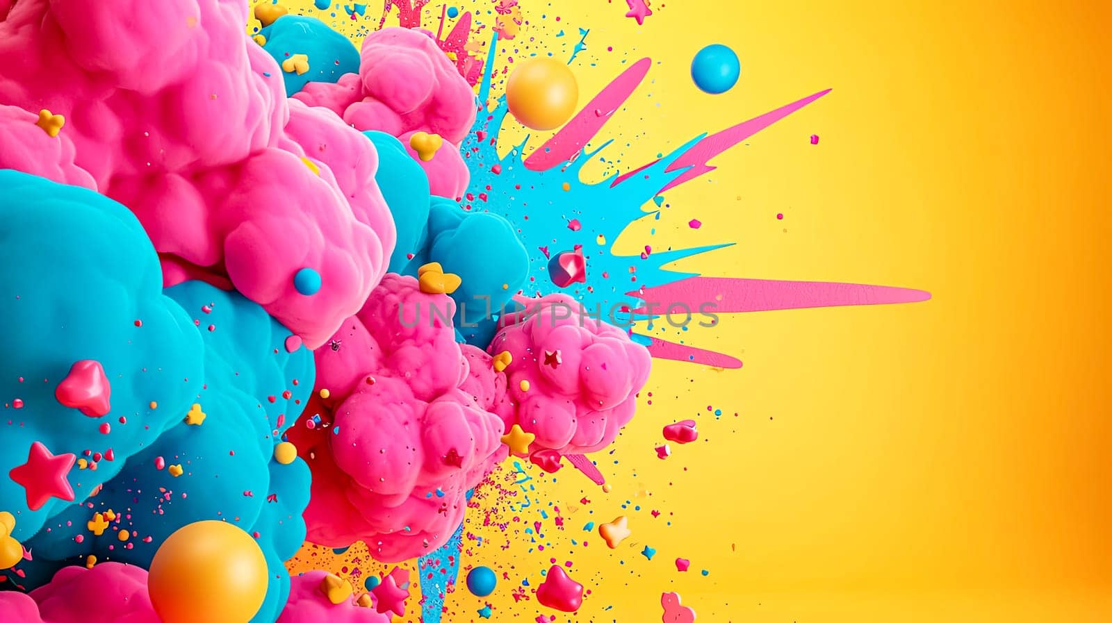 surrealistic touch, featuring pink and blue cloud-like formations and various shapes, splatters, and floating orbs against a bright yellow background.