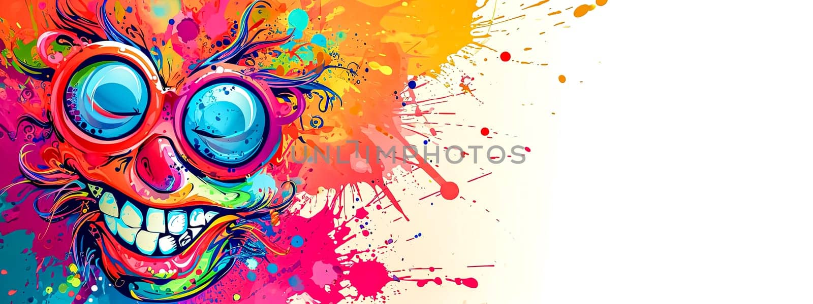 exuberant colors and shapes, featuring a central whimsical character with oversized glasses in a sea of splashing paint and playful patterns, a perfect representation of a high-energy, creative by Edophoto