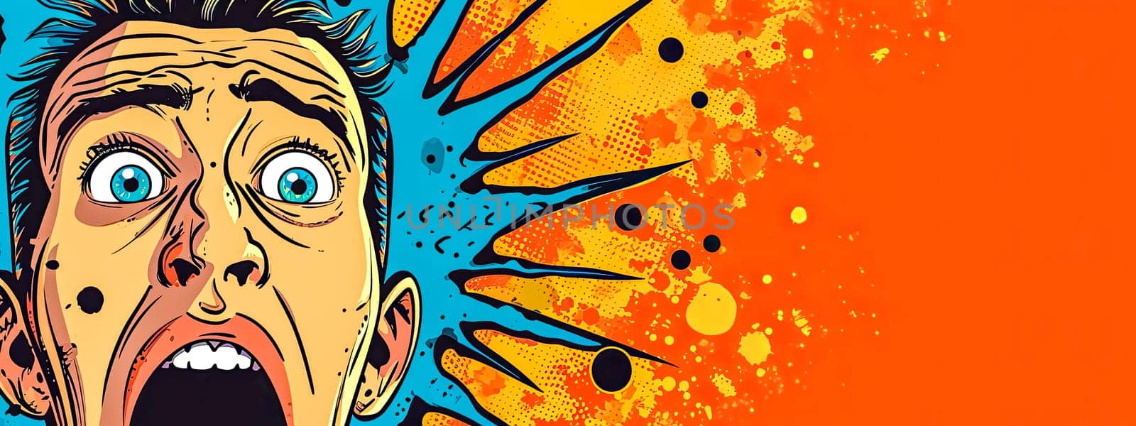 character in a state of shock with exaggerated facial expressions, against a vibrant background with abstract shapes and splatters, illustrating a dramatic and dynamic comic scene. copy space