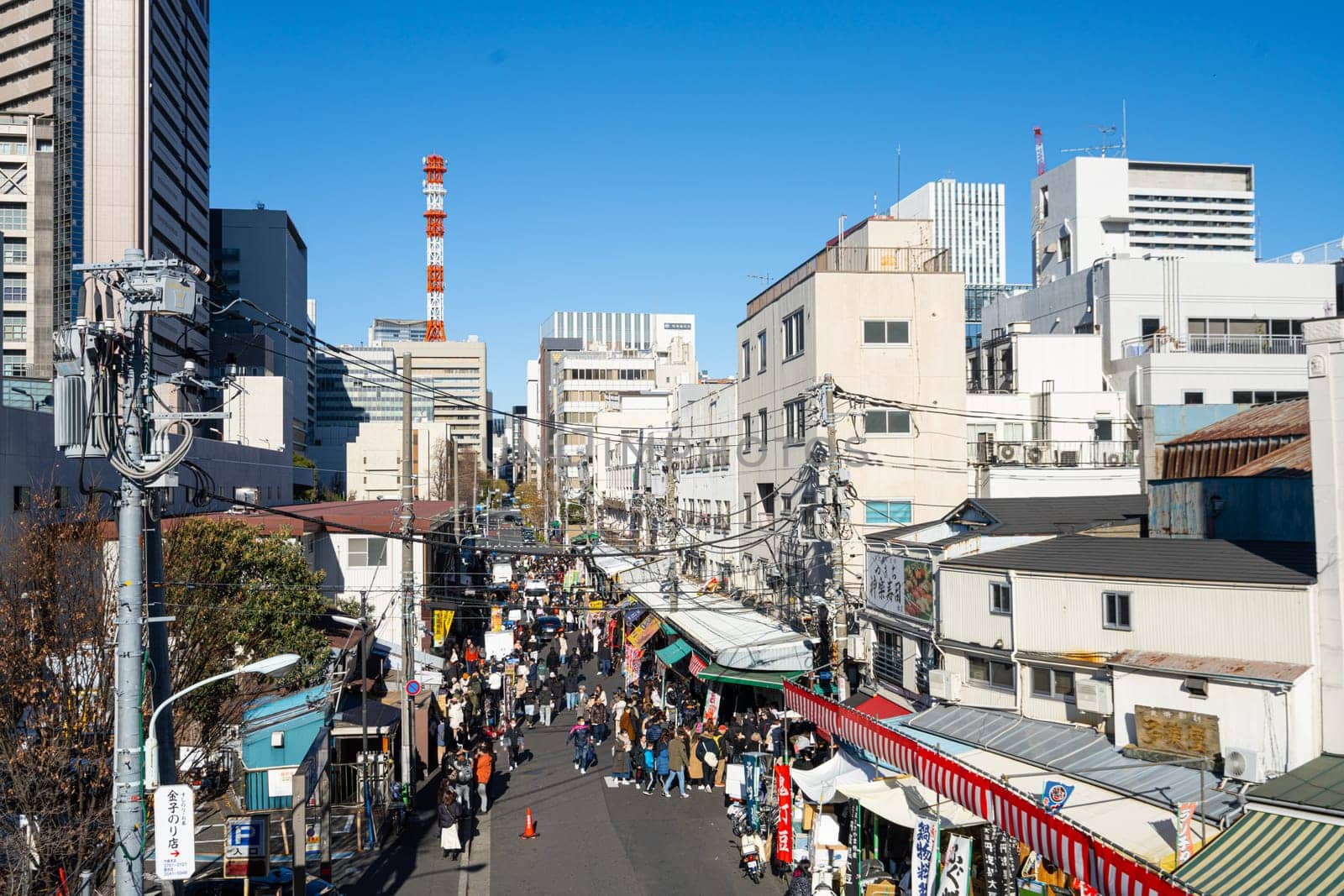 Tokyio, Japan. January 2024. panoramic view of a street on the popular Tsukiji Outer Market in the city center