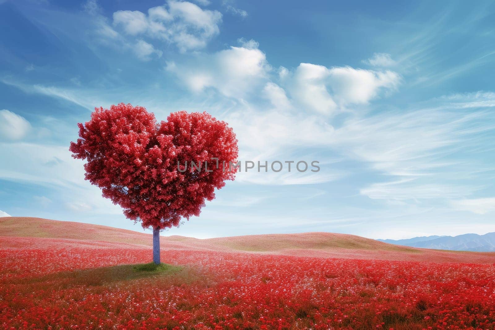 red tree of love in red flower field pragma