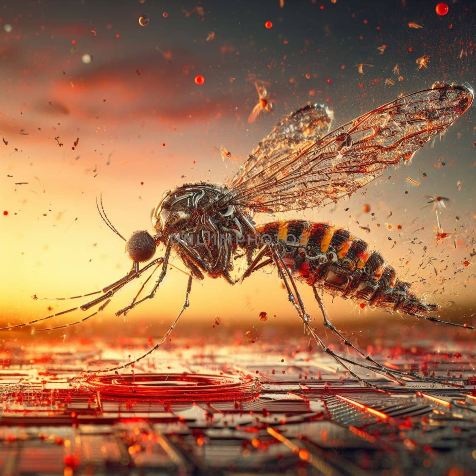 genetically modified macro closeup of nano robot engineered weapon mosquito in action concept design depopulation evil plan generative ai art