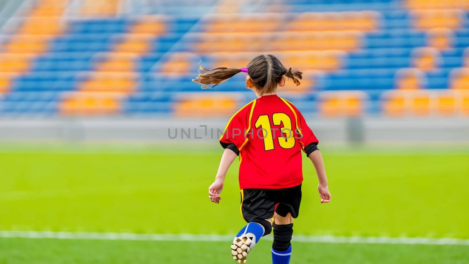 A young girl football player in colors of national spain football team plays with her feet a soccer ball. illustrations in cartoon style on sport stadium background for children by Costin