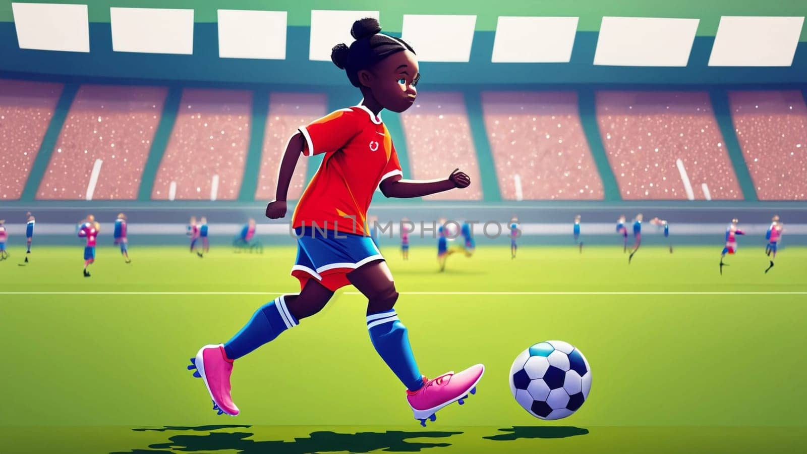 A young girl football player in colors of national spain football team plays with her feet a soccer ball. illustrations in cartoon style on sport stadium background for children by Costin