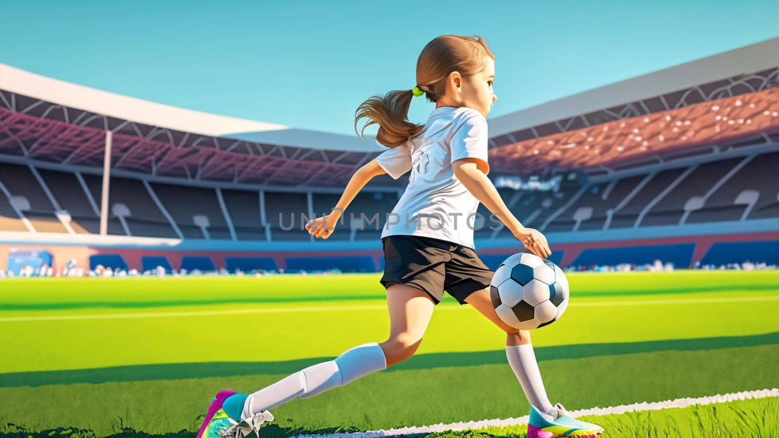 A young girl football player in colors of national germany football team plays with her feet a soccer ball. illustrations in cartoon style on sport stadium background for children by Costin