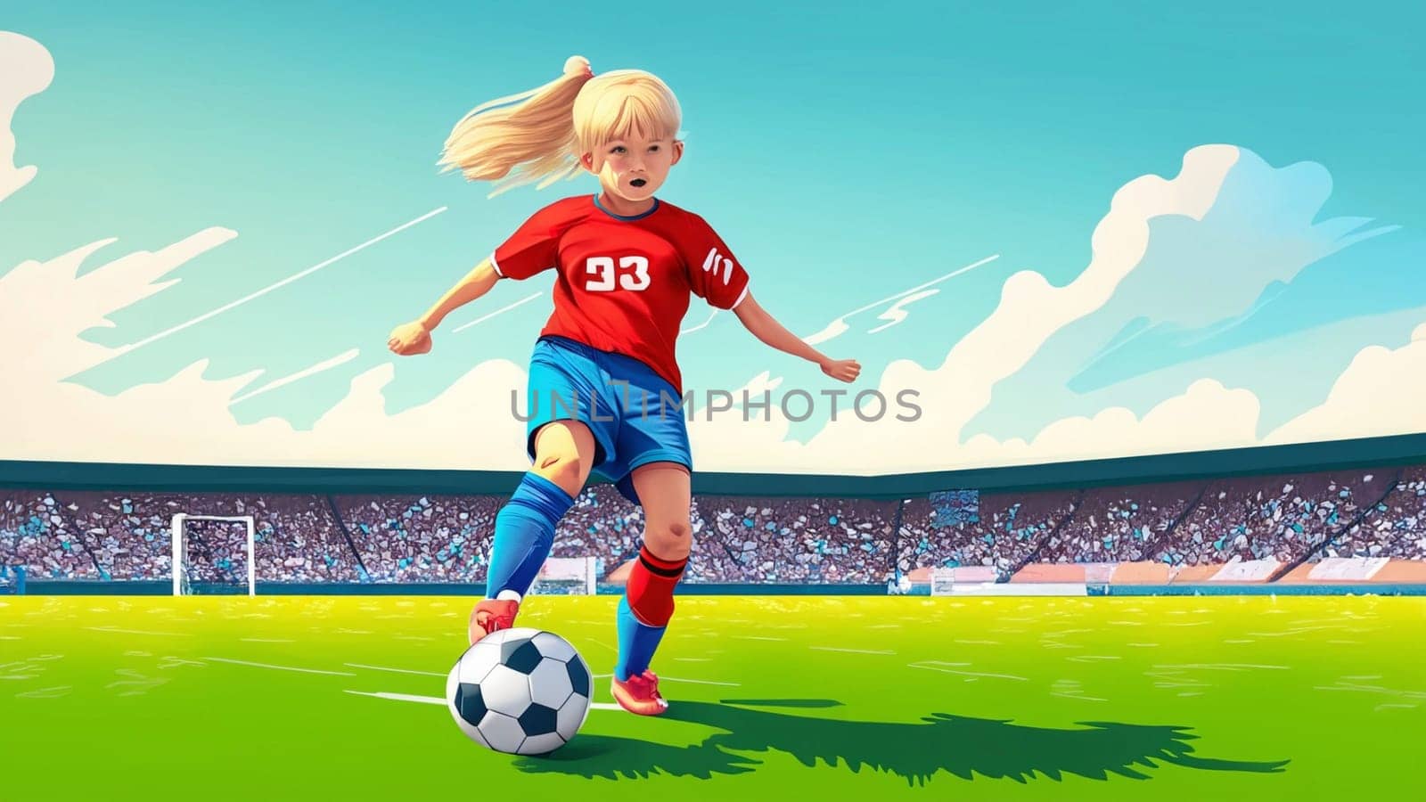 A young girl football player in colors of national spain football team plays with her feet a soccer ball. illustrations in cartoon style on sport stadium background for children High quality illustration