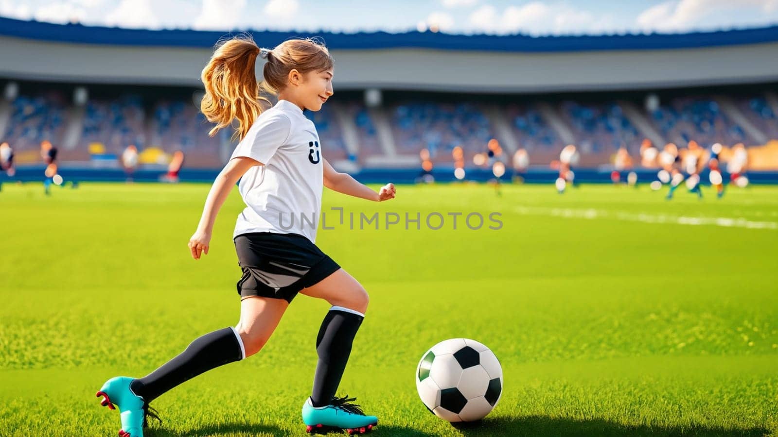 Eine junge Fussballspielerin in den Farben der deutschen Fussball national mannschaft spielt mit ihren Füssen einen Fussball. illustrationen im Cartoon Stil auf Sport stadions hintergrund für Kinder by Costin