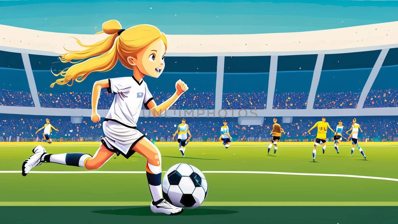 A young girl football player in colors of national germany football team plays with her feet a soccer ball. illustrations in cartoon style on sport stadium background for children High quality illustration