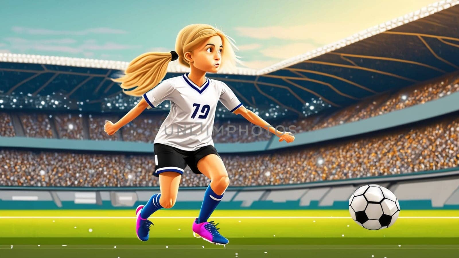 Eine junge Fussballspielerin in den Farben der deutschen Fussballnationalmannschaft spielt mit ihren Füssen einen Fussball. illustrationen im Cartoon Stil auf Sport stadions hintergrund für Kinder High quality illustration