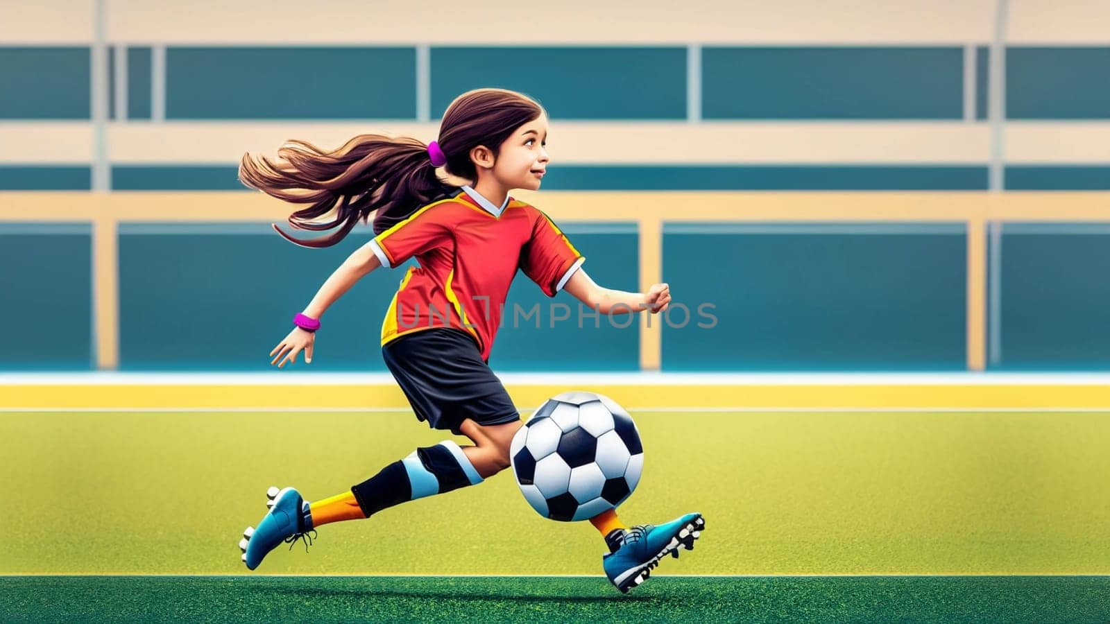 A young girl football player in colors of national spain football team plays with her feet a soccer ball. illustrations in cartoon style on sport stadium background for children High quality illustration