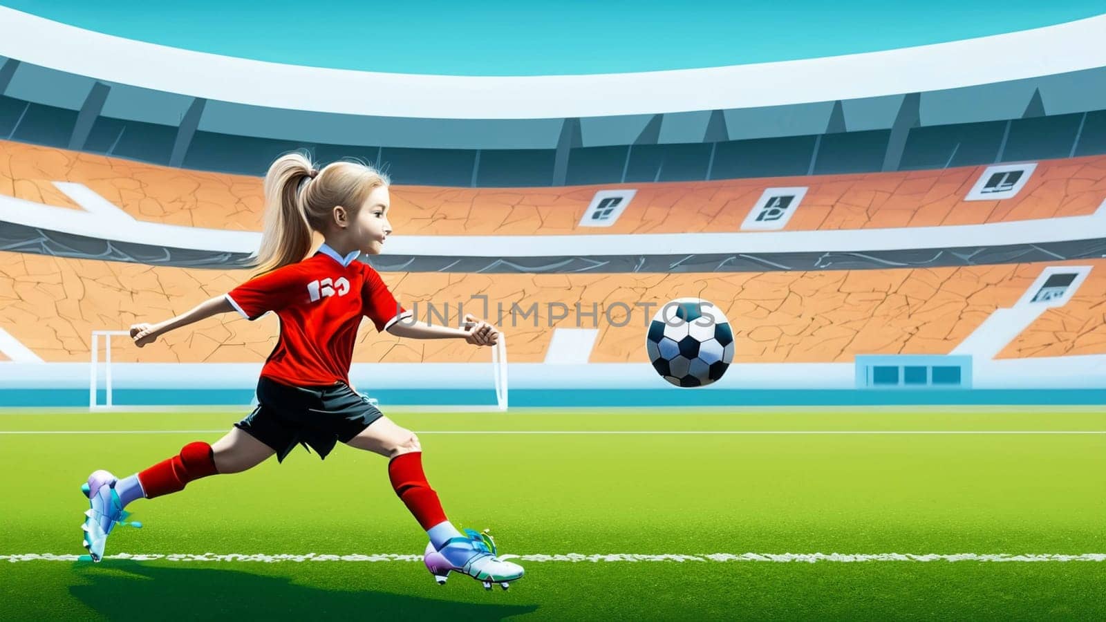 A young girl football player in colors of national spain football team plays with her feet a soccer ball. illustrations in cartoon style on sport stadium background for children High quality illustration